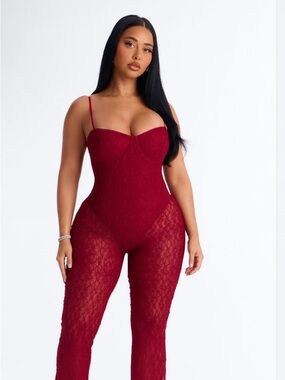 Wine Red Lace Sheer Jumpsuit